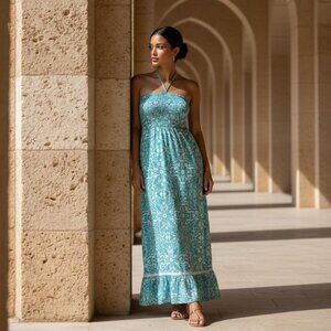 "Turquoise Floral Halter Maxi Dress Smocked Bodice Ruffle Hem Size M"